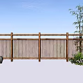 Wooden Fence In Outdoor Garden With Bamboo And Lush Green Plants