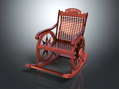 Traditional Wooden Rocking Chair With Woven Backrest And Carved Armrests 3d model