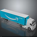 Amazon Prime Delivery Truck With Blue Trailer And White Cab On Reflective Surface