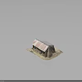 Rustic Wooden Cabin Model With Rusted Metal Roof And Stone Chimney