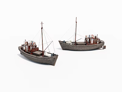 The old wooden boat hit the fishing boat 3d model