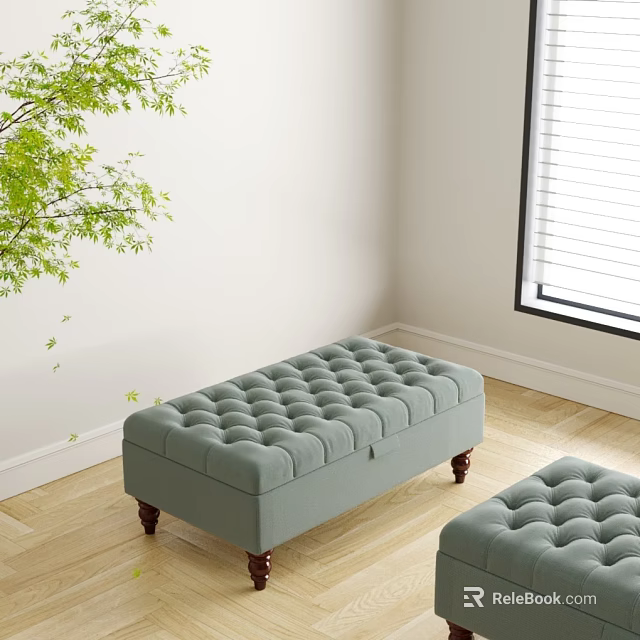 Light Green Tufted Ottoman with Wooden Legs near Window on Wooden Floor with Green Plant 3d model 