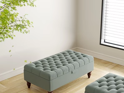 Light Green Tufted Ottoman with Wooden Legs near Window on Wooden Floor with Green Plant 3d model