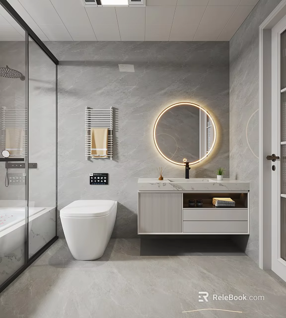 Modern Gray Bathroom Interior Design With Round Backlit Mirror Vanity Toilet And Shower Enclosure 3d model 
