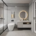Modern Gray Bathroom Interior Design With Round Backlit Mirror Vanity Toilet And Shower Enclosure