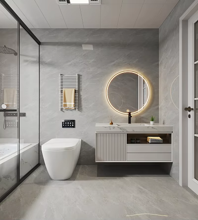 Modern Gray Bathroom Interior Design With Round Backlit Mirror Vanity Toilet And Shower Enclosure 3d model