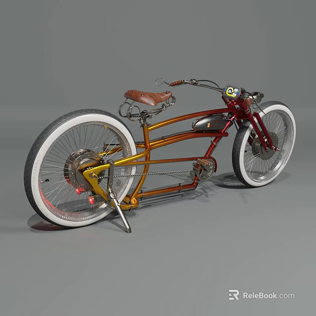 Vintage Custom Motorcycle With Brown Leather Seat White Rims And Unique Frame Design 3d model 
