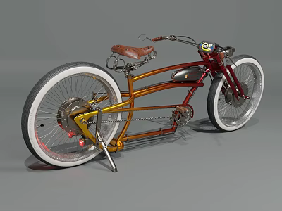 Vintage Custom Motorcycle With Brown Leather Seat White Rims And Unique Frame Design 3d model
