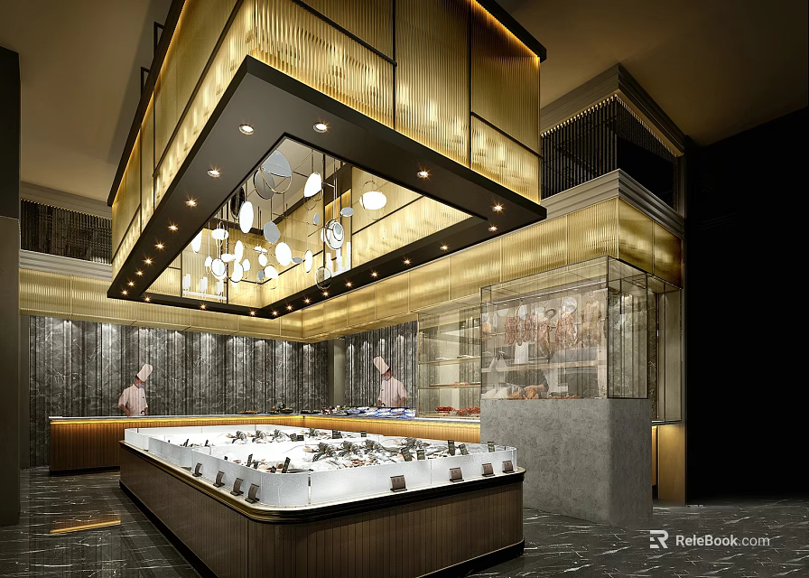 Luxurious Modern Restaurant Interior With Open Layout Marble Bar Counter Chandeliers And Display Cabinets 3d model 