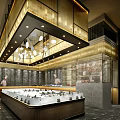 Luxurious Modern Restaurant Interior With Open Layout Marble Bar Counter Chandeliers And Display Cabinets