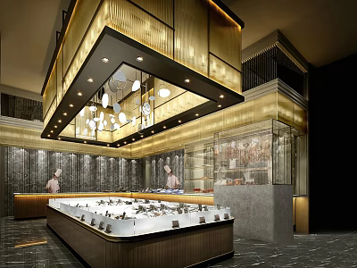 Luxurious Modern Restaurant Interior With Open Layout Marble Bar Counter Chandeliers And Display Cabinets 3d model