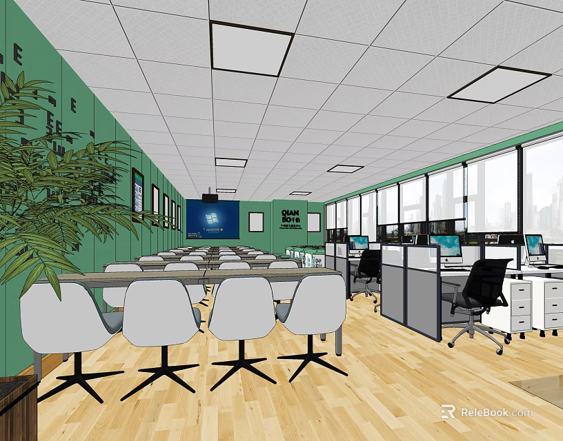 Public Office Space With Open Layout Workstations Office Chairs Computers Green Plants And Large Windows 3d model