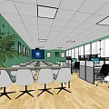 Public Office Space With Open Layout Workstations Office Chairs Computers Green Plants And Large Windows 3d model