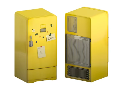 Yellow Retro Refrigerators Featuring Control Panel Stickers And Transparent Grill Door Design 3d model