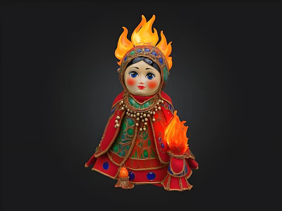 Traditional Doll In Ornate Costume With Flaming Headdress And Fire Element 3d model