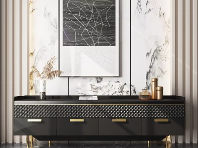 Modern Black TV Stand With Gold Legs Woven Drawers And Decorative Items On Marble Wall 3d model