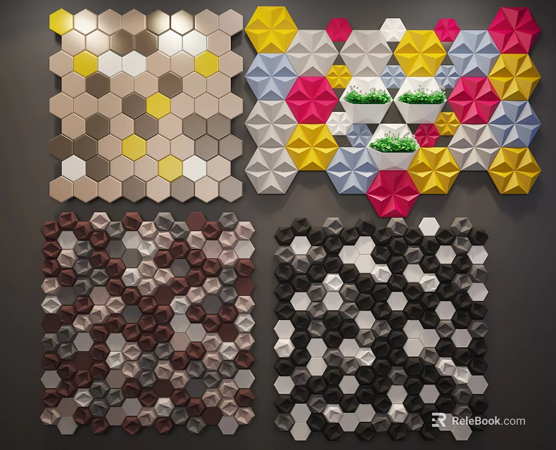 Modern Geometric Wall Decor With Hexagonal Colorful Various Tones and Planters 3d model