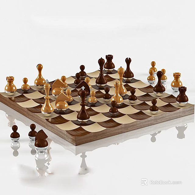 Chess Entertainment With Wooden Chessboard Black And White Squares And Golden Dark Brown Pieces 3d model 