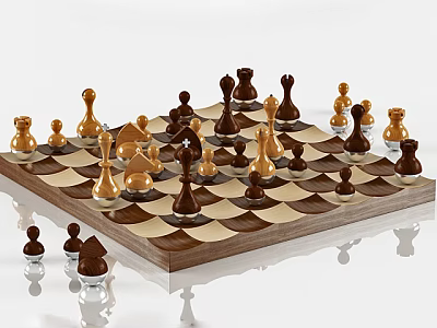 Chess Entertainment With Wooden Chessboard Black And White Squares And Golden Dark Brown Pieces 3d model