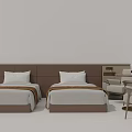 Single Bed With Brown Headboard White Pillows Gray Bedspread Accent Chair And Side Table 3d model
