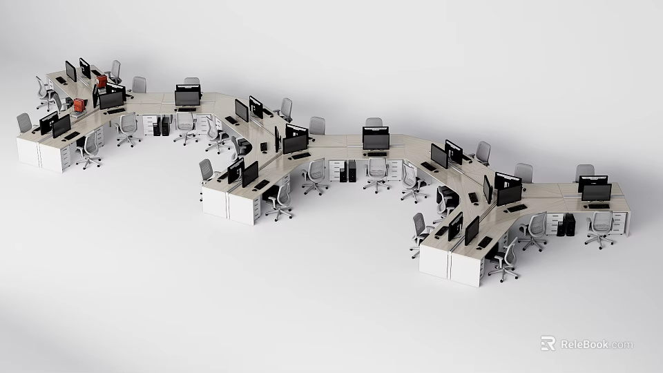 Modern Office Workspace With Curved Arrangement Of Desks Computers And Chairs 3d model 