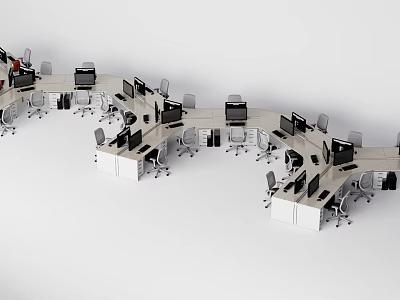 Modern Office Workspace With Curved Arrangement Of Desks Computers And Chairs 3d model