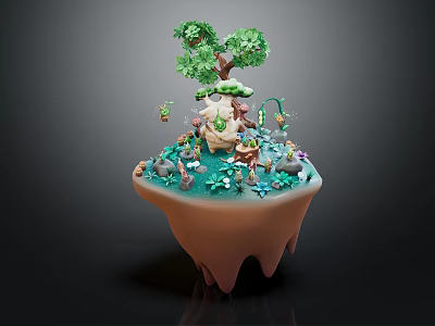 Colorful Cartoon Scene Of Floating Island With Green Tree Small Animals And Flowers 3d model