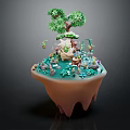 Colorful Cartoon Scene Of Floating Island With Green Tree Small Animals And Flowers