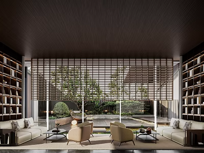 Modern Sales Office Interior With Wooden Ceiling Lattice Screen Bookshelves And Sofa Seating 3d model