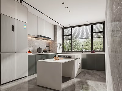 Modern Kitchen Interior Design With White Central Island Gray Cabinets And Natural Light From Windows 3d model