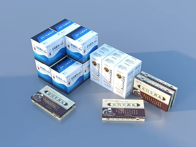 Stacked Household Product Boxes With Various Designs And Labels On Blue Background 3d model
