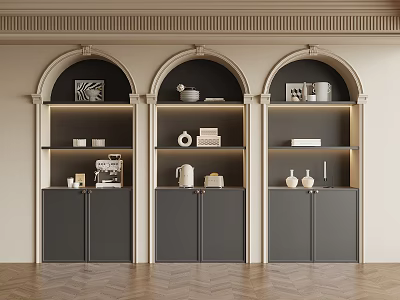 Modern Arched Built in Bookcase with Layered Shelves Decorative Items and Wooden Flooring 3d model