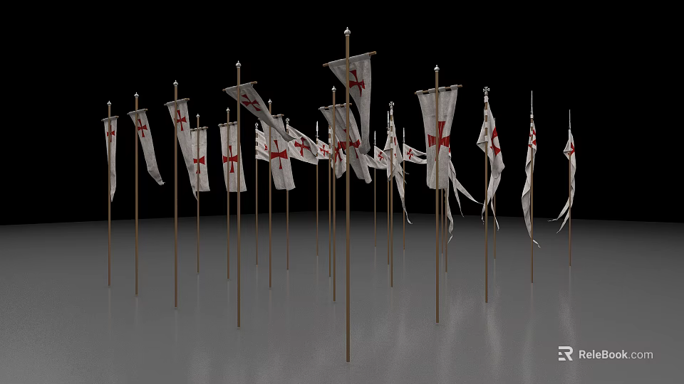 White National Flags With Red Crosses On Metal Poles Black And Gray Background 3d model 