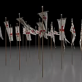 White National Flags With Red Crosses On Metal Poles Black And Gray Background