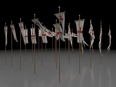 White National Flags With Red Crosses On Metal Poles Black And Gray Background 3d model