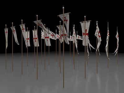 White National Flags With Red Crosses On Metal Poles Black And Gray Background 3d model White National Flags With Red Crosses On Metal Poles Black And Gray Background 3d model