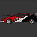 Red and black modified sports car with open hood doors and rear spoiler