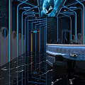 Futuristic Modern Bar With Starry Sky Theme Blue Lighting And Stylish Bar Counter