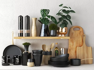 Modern Black Tableware Set With Plates Bowls Cups On Wooden Shelf And Green Plants 3d model