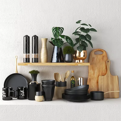 Modern Black Tableware Set With Plates Bowls Cups On Wooden Shelf And Green Plants 3d model