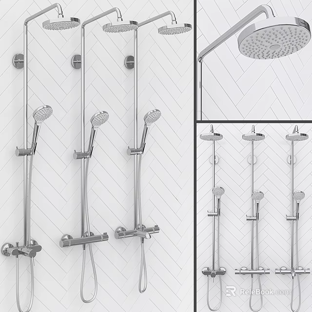 Modern Wall Mounted Shower Faucets With Different Styles And Chrome Finish In Bathroom 3d model 