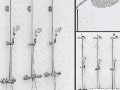 Modern Wall Mounted Shower Faucets With Different Styles And Chrome Finish In Bathroom 3d model
