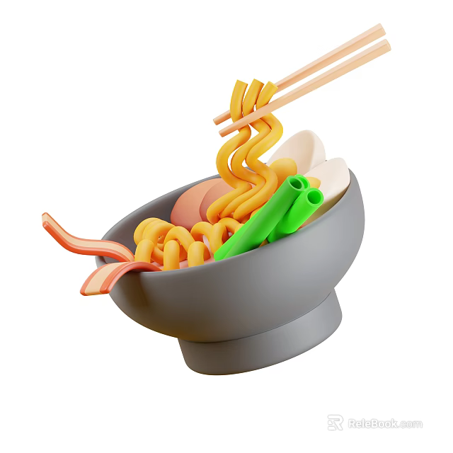 Delicious Ramen Bowl with Noodles Egg Bacon and Green Vegetables Chopsticks Holding 3d model 