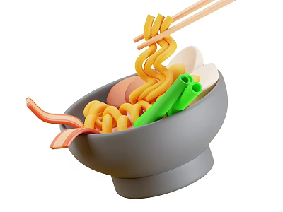 Delicious Ramen Bowl with Noodles Egg Bacon and Green Vegetables Chopsticks Holding 3d model