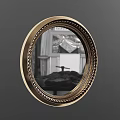 Oval Mirror with Gold Ornate Carved Frame Reflecting Interior Room Scene