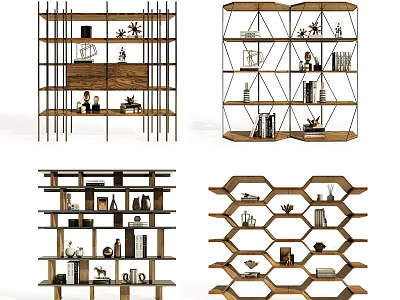 Modern Geometric Bookshelf Designs With Wooden Metal Frames Books And Decorative Items 3d model