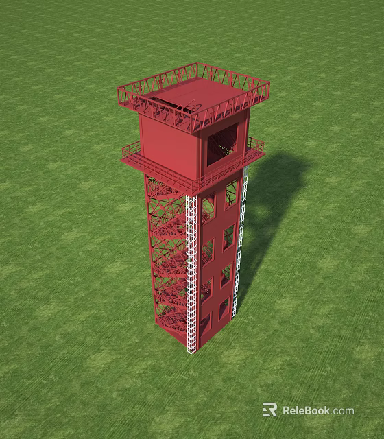 Red Metal Tower Structure With Ladder Platform And Green Grass Background 3d model