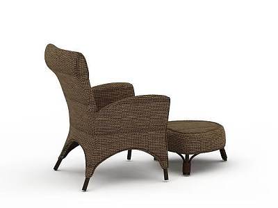 Brown Wicker Armchair and Coffee Table Set with Ottoman in Modern Design Style 3d model