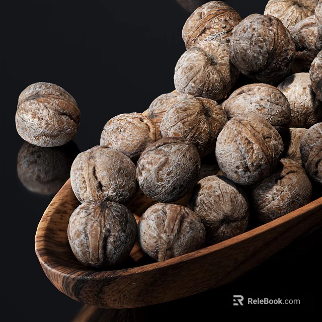 Fresh Healthy Organic Whole Walnuts in Wooden Bowl on Black Background 3d model 