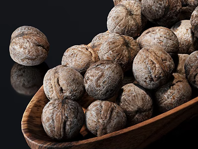 Fresh Healthy Organic Whole Walnuts in Wooden Bowl on Black Background 3d model